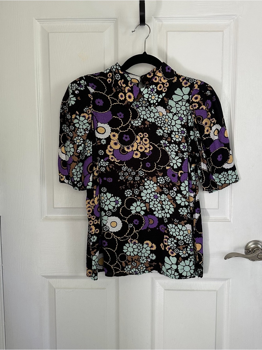 Ted Baker Black Floral Puff-Sleeve Blouse with Purple & Mint Flowers